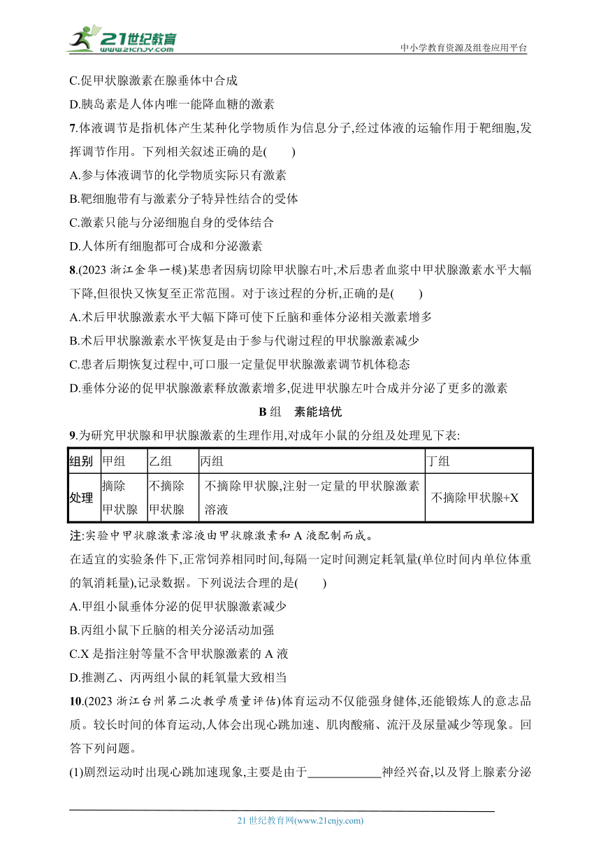 2025浙科版新教材生物学高考第一轮基础练--作业38　体液调节特点及神经系统通过下丘脑控制内分泌系统（含解析）