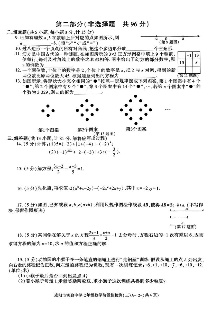 陕西省咸阳重点中学2023～2024学年七年级上学期数学阶段性检测（三）（图片版 无答案）
