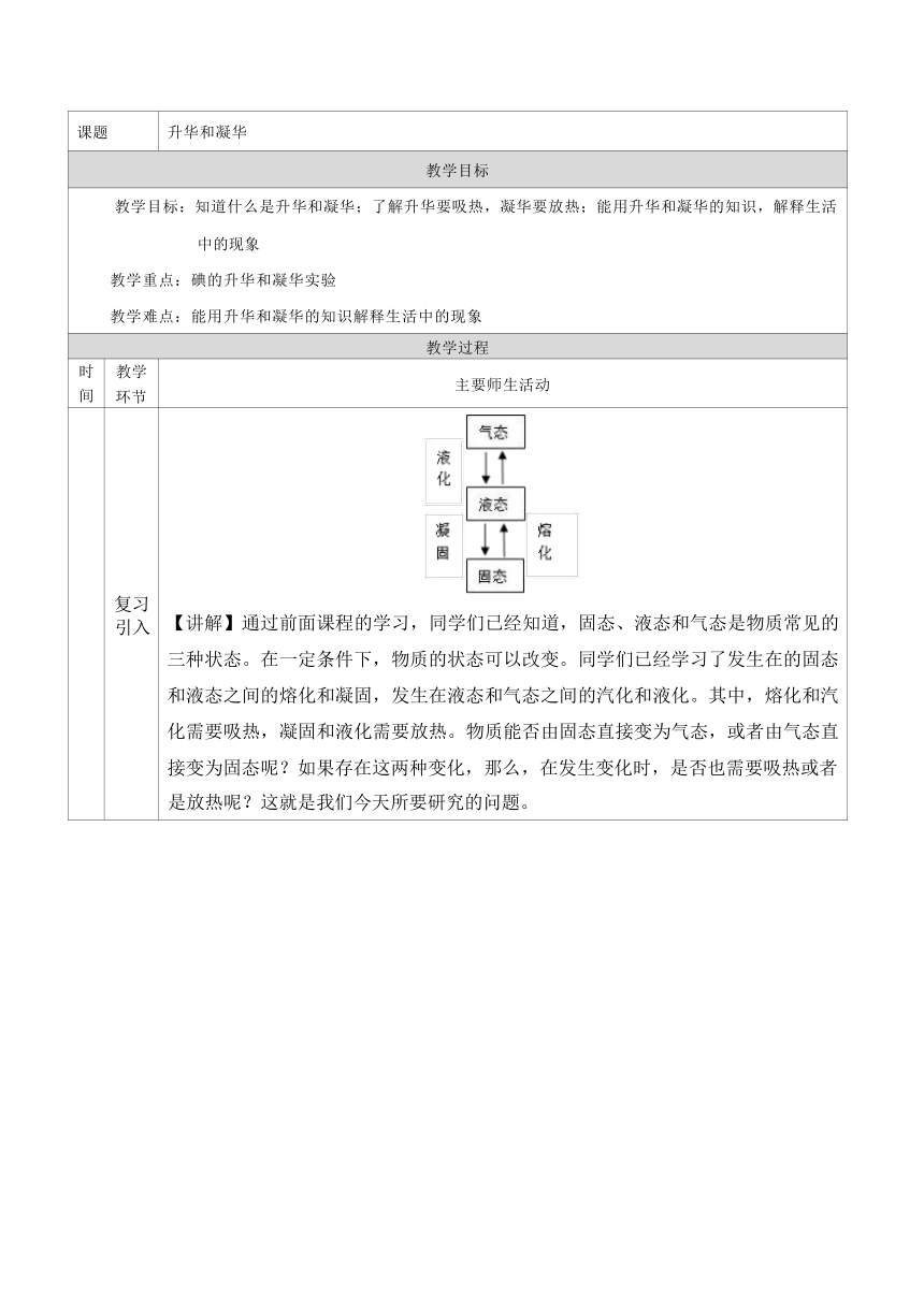 3.4 升华和凝华 教学设计（表格式）