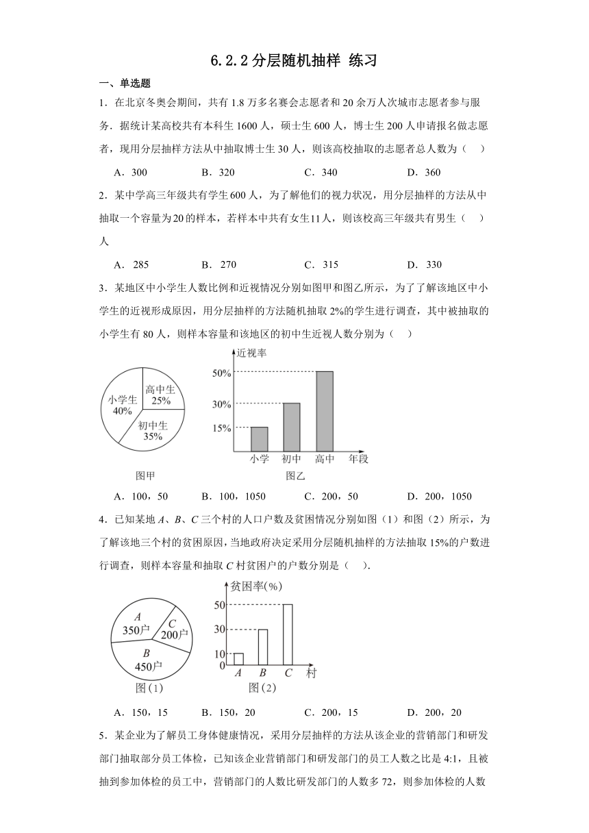 6.2.2分层随机抽样 练习（含解析）