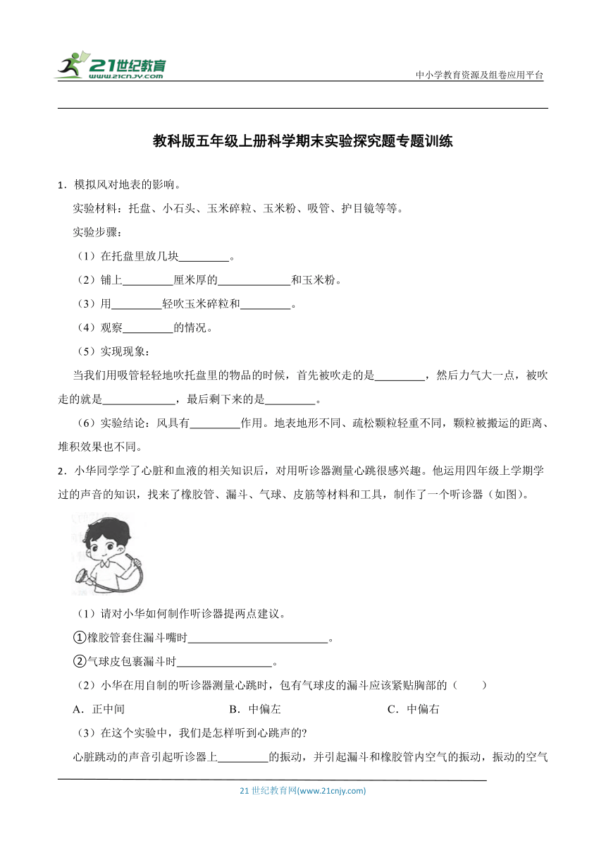 教科版五年级上册科学期末实验探究题专题训练（含答案）