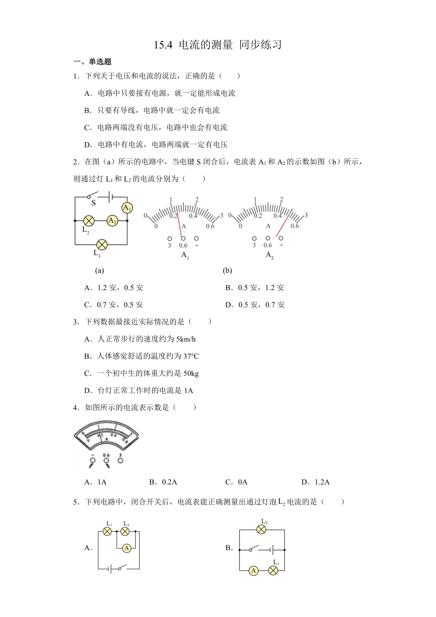 15.4 电流的测量 同步练习（含答案）   人教版九年级物理全一册