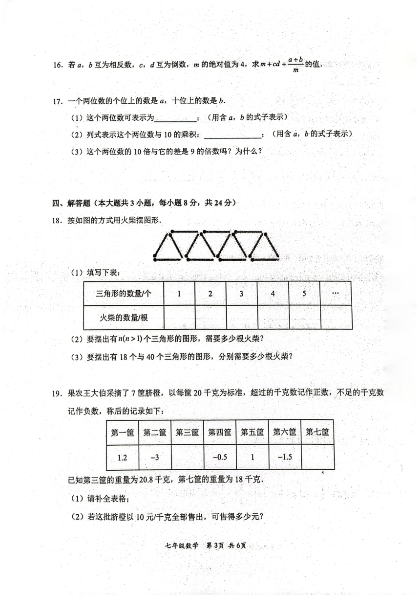 江西省赣州市2023—2024学年上学期期中考试七年级数学试卷（图片版，含答案）