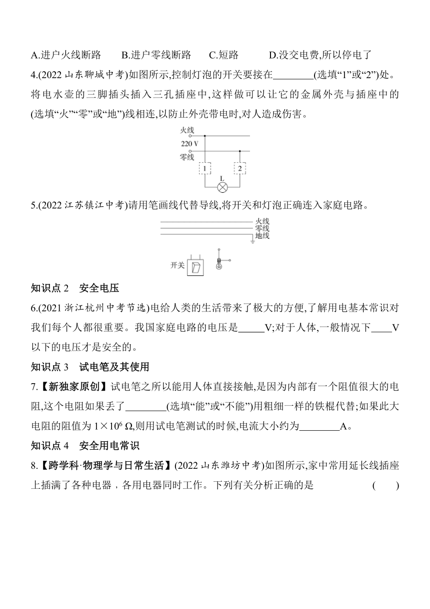 北师大版物理九年级全册13.5 13.6 家庭电路 安全用电素养提升练（含解析）