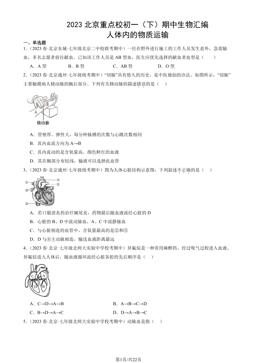2023北京重点校初一（下）期中生物汇编：人体内的物质运输习题（PDF版含解析）
