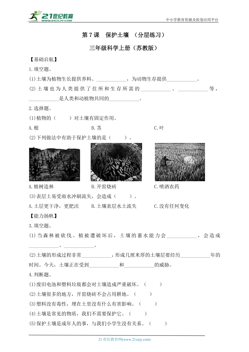 【分层练习】苏教版科学三年级上册2.7保护土壤（含答案）