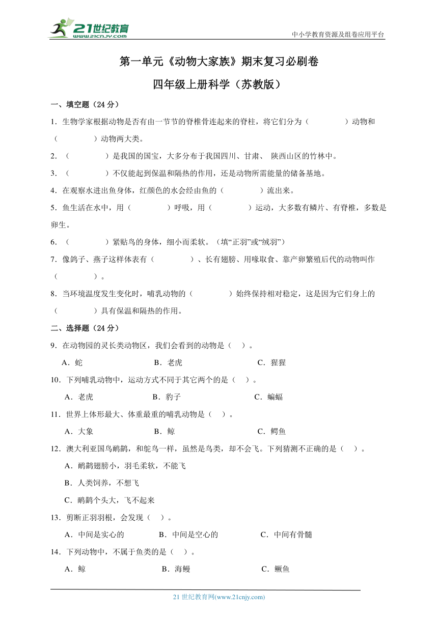 四年级上册科学（苏教版）第一单元《动物大家族》期末复习必刷卷（含答案）