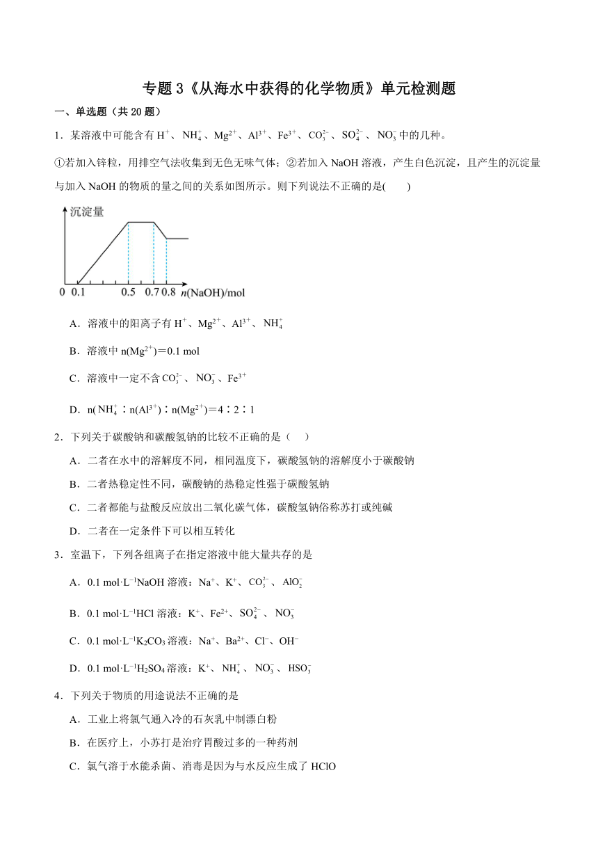 专题3 从海水中获得的化学物质 （含解析）单元检测题 2023-2024学年高一上学期化学苏教版（2019）必修第一册