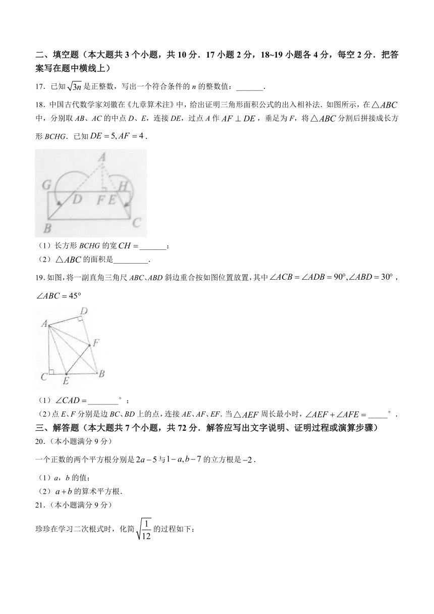 河北省沧州市泊头市2023-2024学年八年级上学期月考数学试题（含答案）