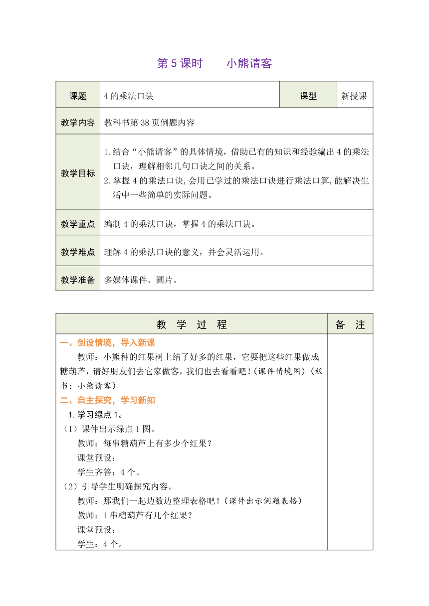 北师大版数学二年级上册5.5 小熊请客 表格式教案