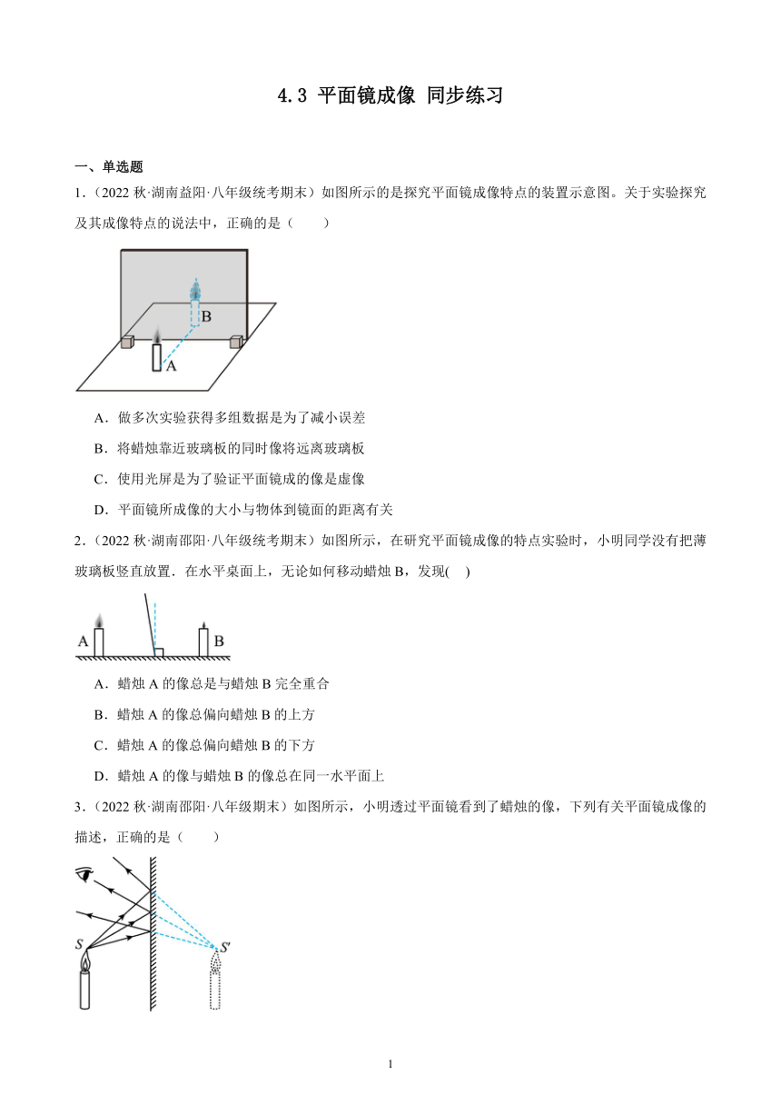 4.3 平面镜成像 同步练习（含答案） 2022－2023学年上学期湖南省各地八年级物理期末试题选编