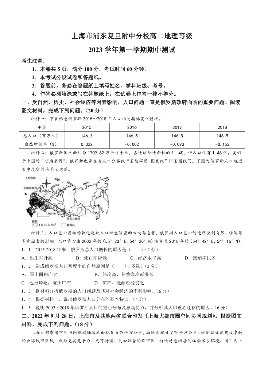 上海市浦东复旦附中分校2023-2024学年高二上学期期中考试地理试卷（含答案）