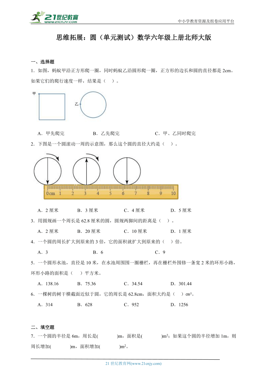 思维拓展：圆（单元测试）数学六年级上册北师大版（含答案）