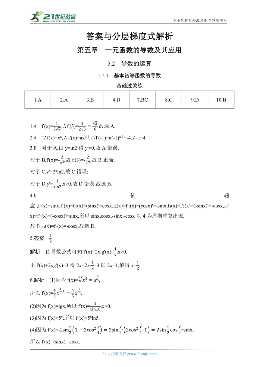 2024人教版高中数学选择性必修第二册同步练习题（含解析）--5.2.1　基本初等函数的导数