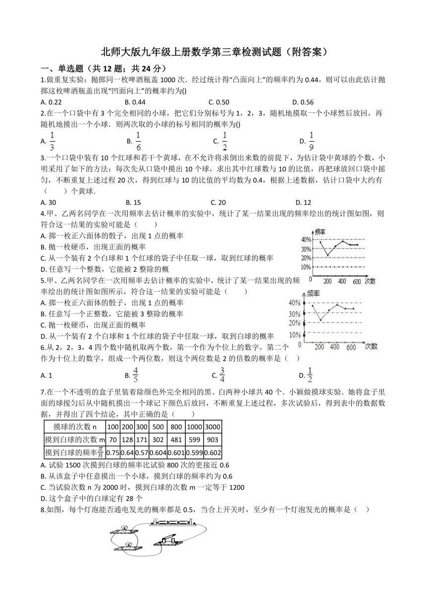 北师大版九年级上册数学第三章 概率的进一步认识 检测试题（含答案）