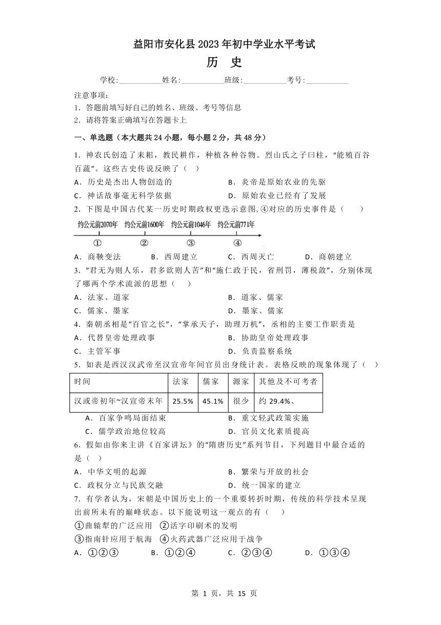 2023年湖南省益阳市初中学业水平考试历史试卷A卷（含解析）