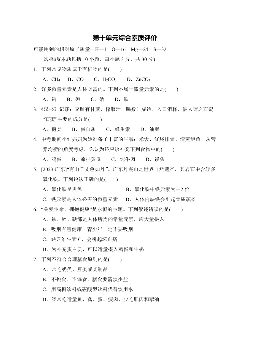 鲁教版初中化学九年级下册第十单元化学与健康综合素质评价（含答案）