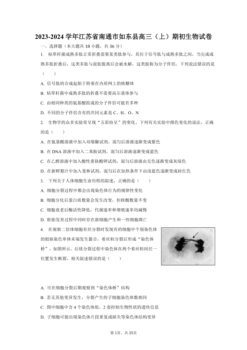 2023-2024学年江苏省南通市如东县高三（上）期初生物试卷（含解析）