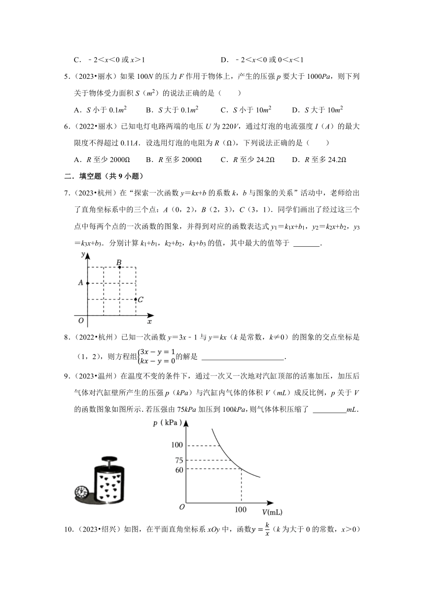 专题4一次函数与反比例函数——2022-2023年浙江省中考数学试题分类（含解析）