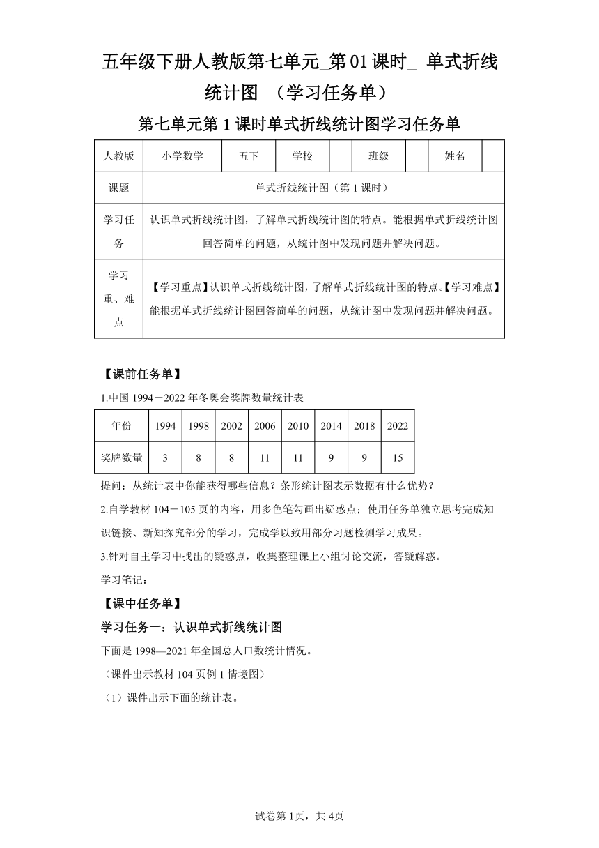 五年级下册人教版第七单元_第01课时_单式折线统计图（学习任务单）