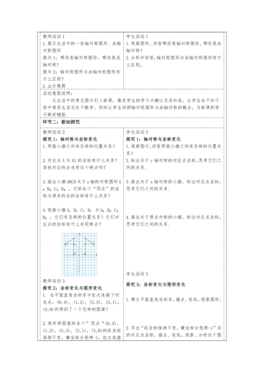 北师大版数学八年级上册3.3 轴对称与坐标变化  教学设计（表格式）