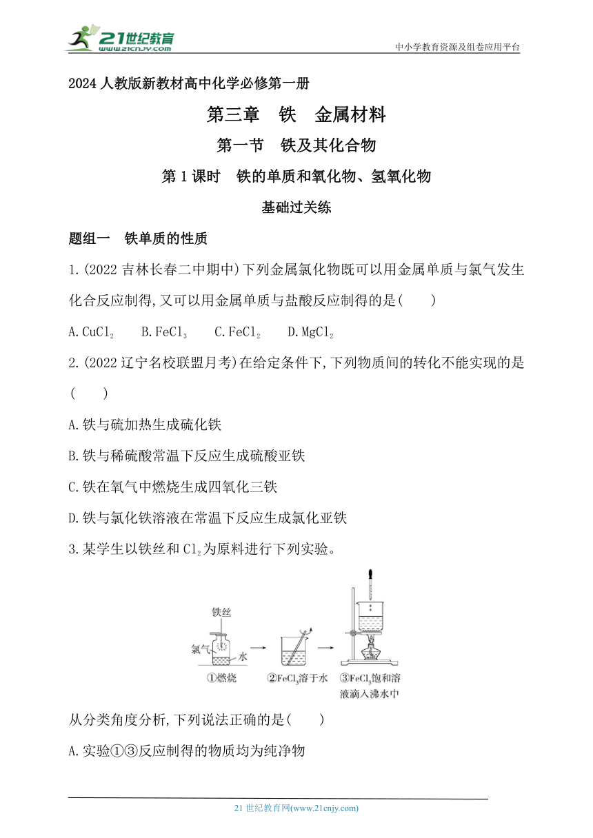 2024人教版新教材高中化学必修第一册同步练习--第1课时　铁的单质和氧化物、氢氧化物（含解析）