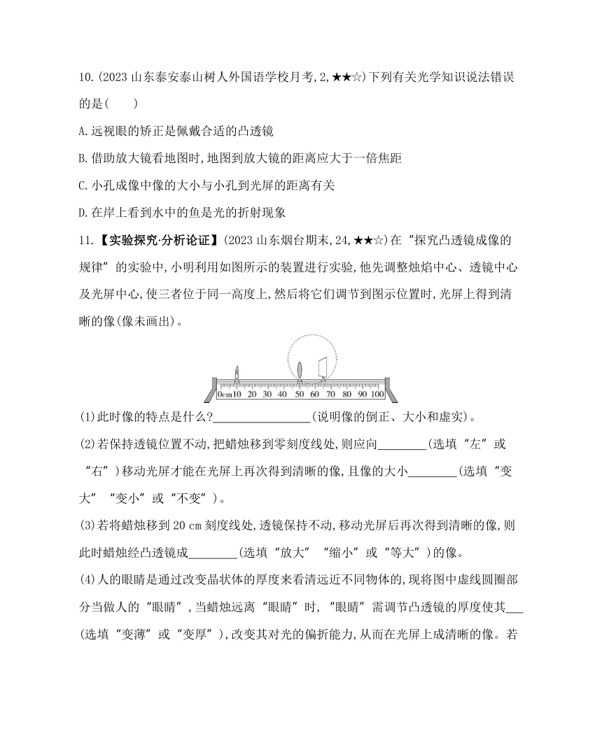 五四制鲁教版物理八年级上册4.4 眼睛和眼镜素养提升练（含解析）