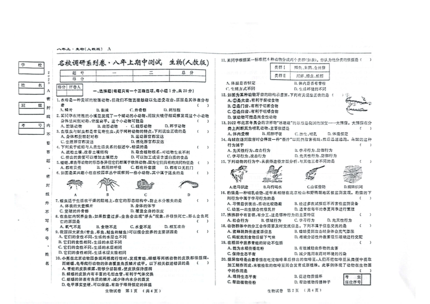 吉林省名校调研（省命题A）2023~2024学年八年级上期中试卷  生物试卷（PDF版，含答案）