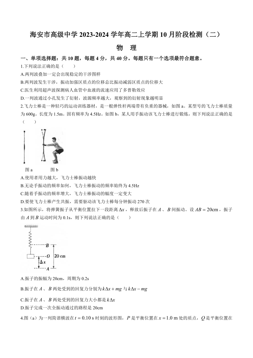 江苏省南通市海安市高级中学2023-2024学年高二上学期10月阶段检测（二）物理试题（含答案）