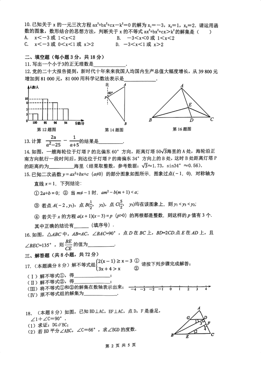湖北省武汉市二桥中学2023-2024学年度下学期九年级数学模拟试题(图片版无答案)