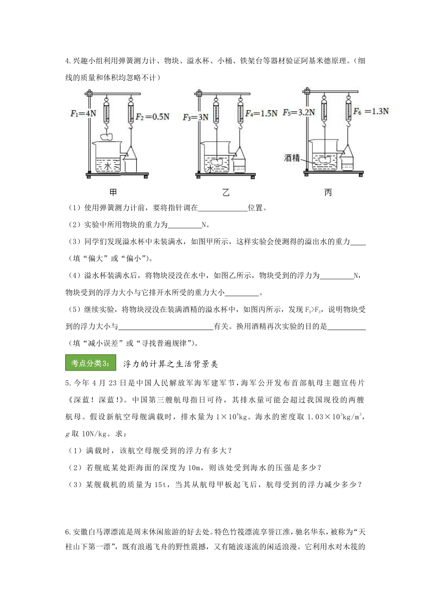 2023~2024学年人教版物理八年级下册暑假复习专项分类训练：浮力实验、计算题（含答案）