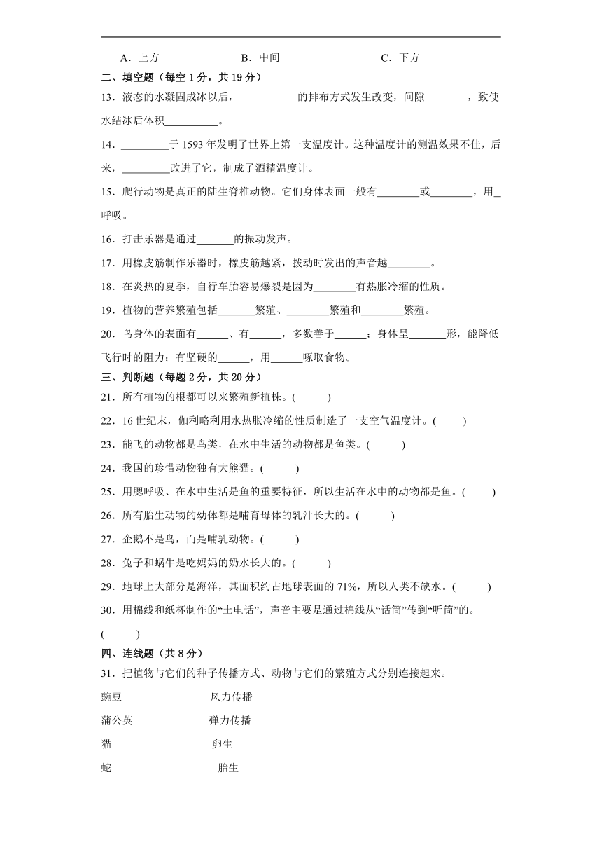 人教鄂教版四年级上册科学期末模拟试题（含答案）