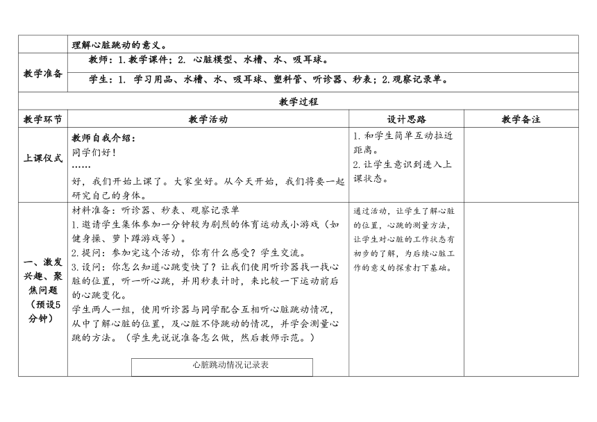 教科版五年级科学上册 4-3《心脏和血液》（表格式教案）