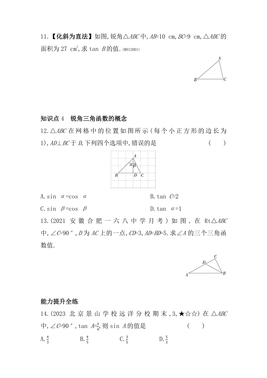 北京课改版数学九年级上册20.1锐角三角函数  素养提升练（含解析）