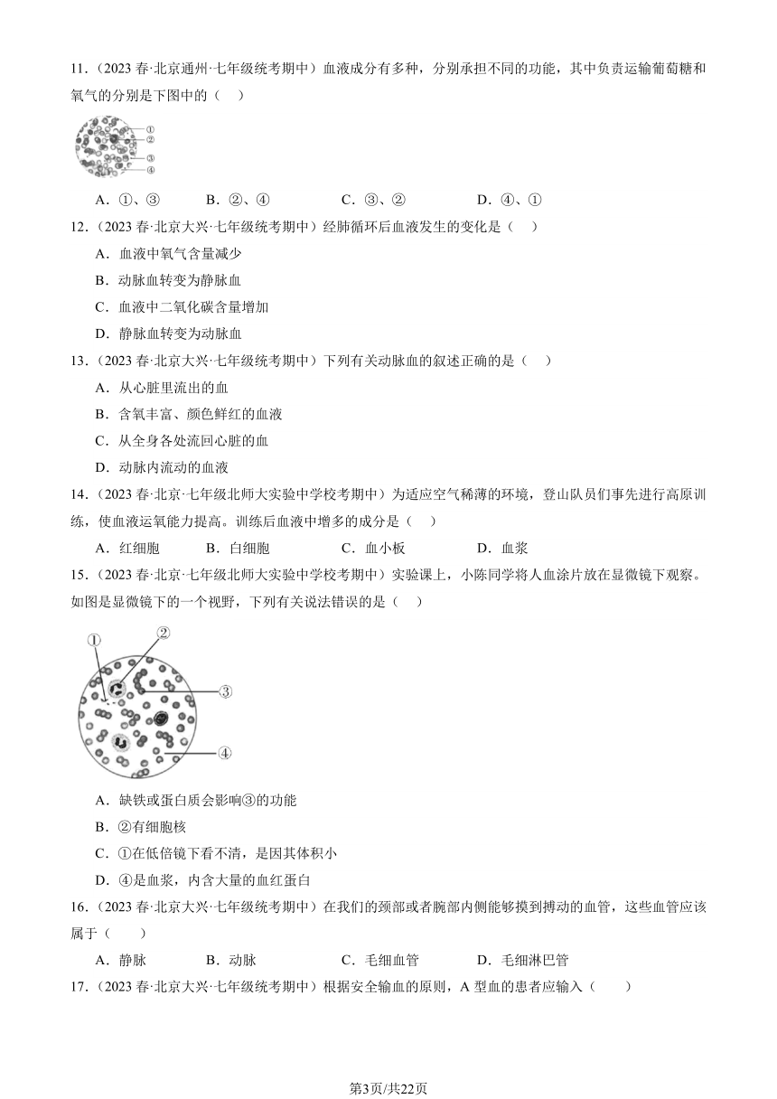 2023北京重点校初一（下）期中生物汇编：人体内的物质运输习题（PDF版含解析）