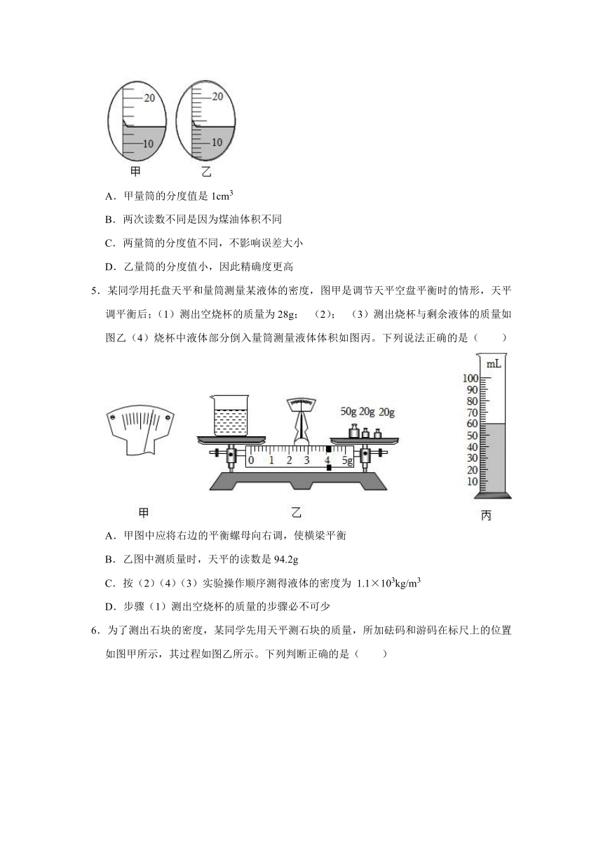 人教版八年级上册《6.3 测量物质的密度》2023年同步练习卷（含解析）