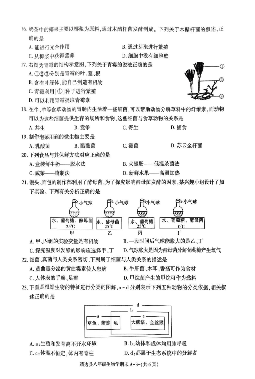 陕西省榆林市靖边县2023-2024学年八年级上学期期末质量监测生物试卷（pdf版无答案）