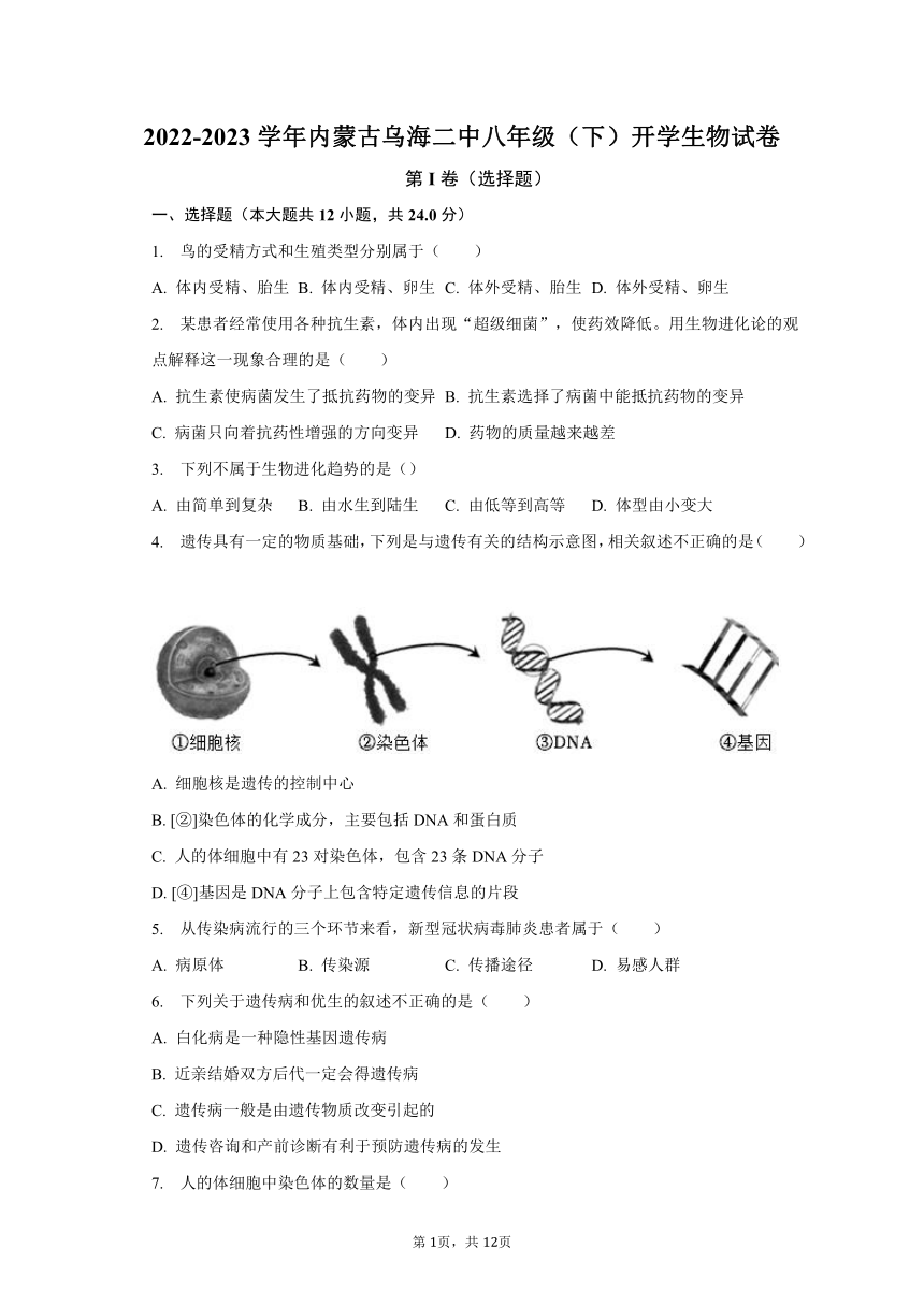 2022-2023学年内蒙古乌海市第二中学八年级（下）开学生物试卷(含解析）