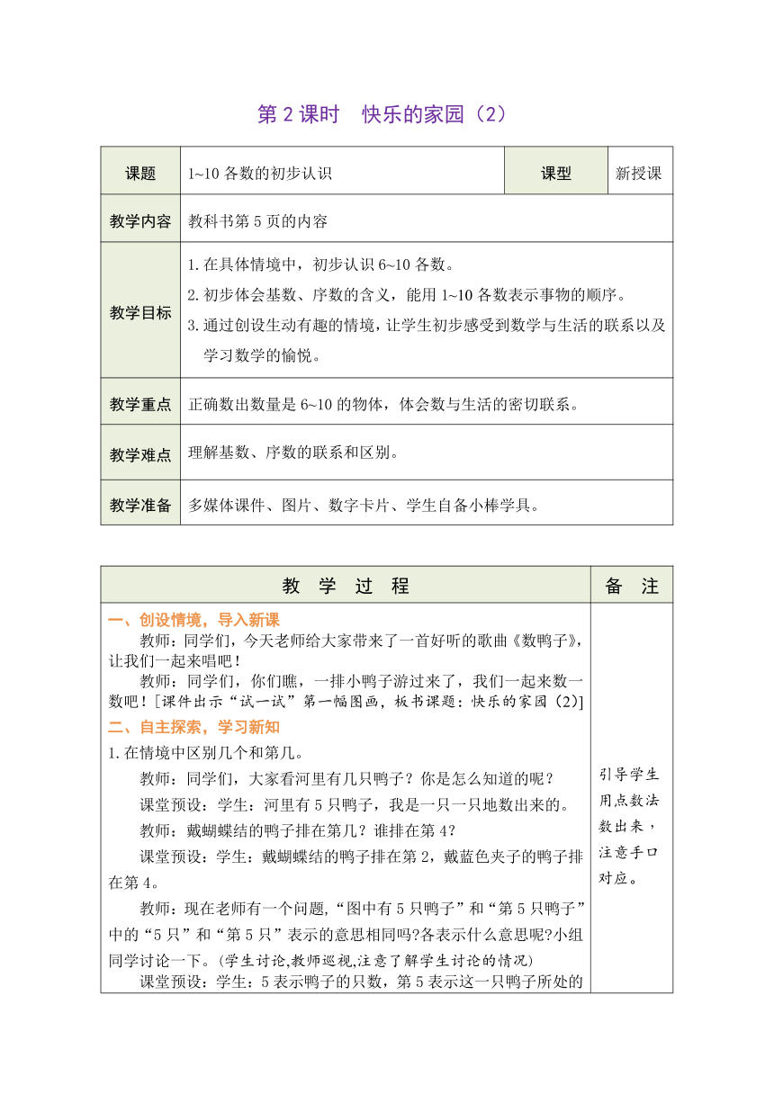 北师大版数学一年级上册1.2 快乐的家园（2）教案（表格式）