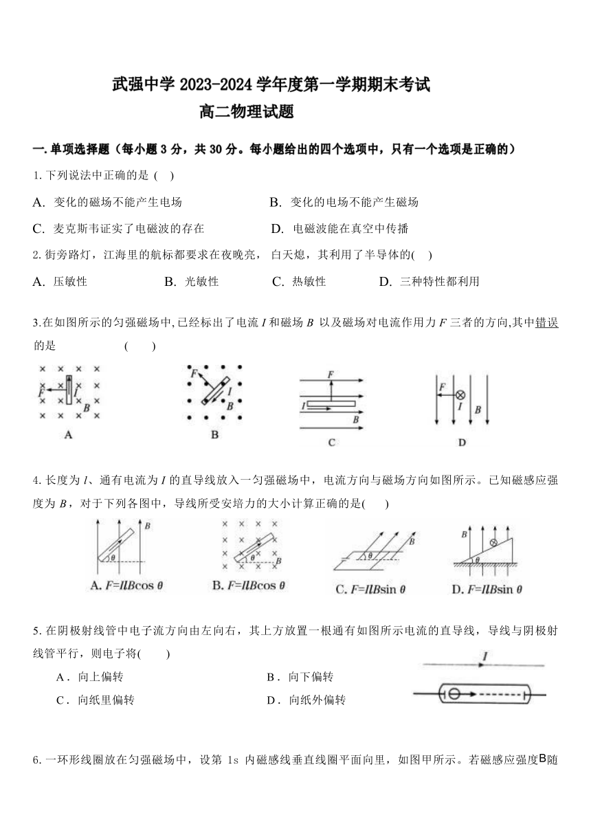 河北省衡水市武强中学2023-2024学年高二上学期期末考试物理试题（含答案）