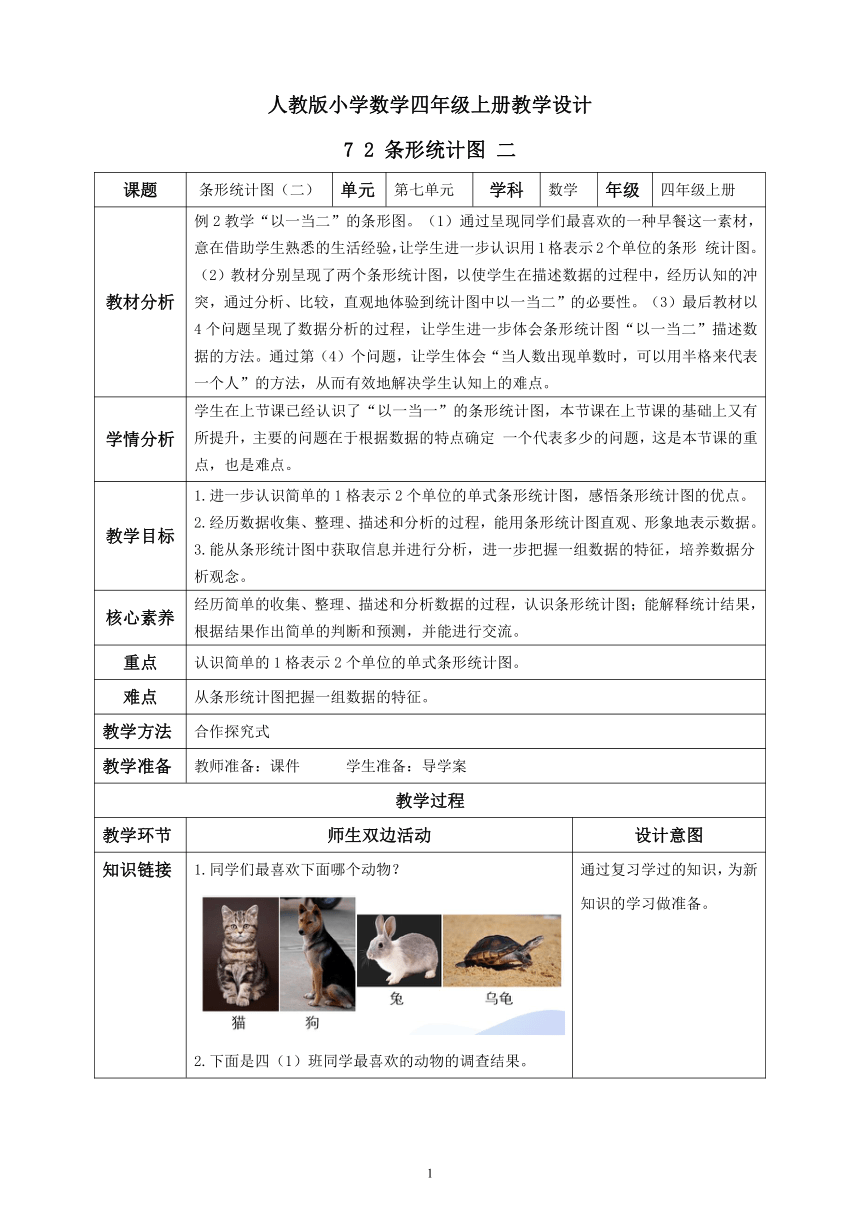 人教版小学数学四年级上册表格式教学设计 7. 2 条形统计图 二