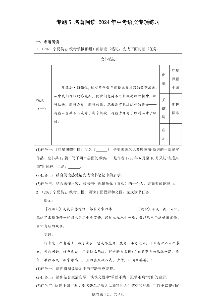 专题5 名著阅读  2024年中考语文专项练习（宁夏专用）（含解析）