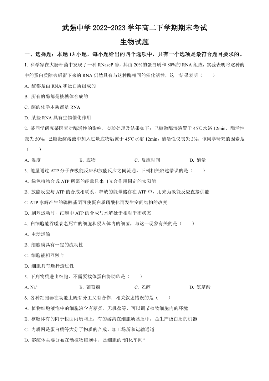 河北省衡水市武强中学2022-2023学年高二下学期期末考试生物学试题（解析版）