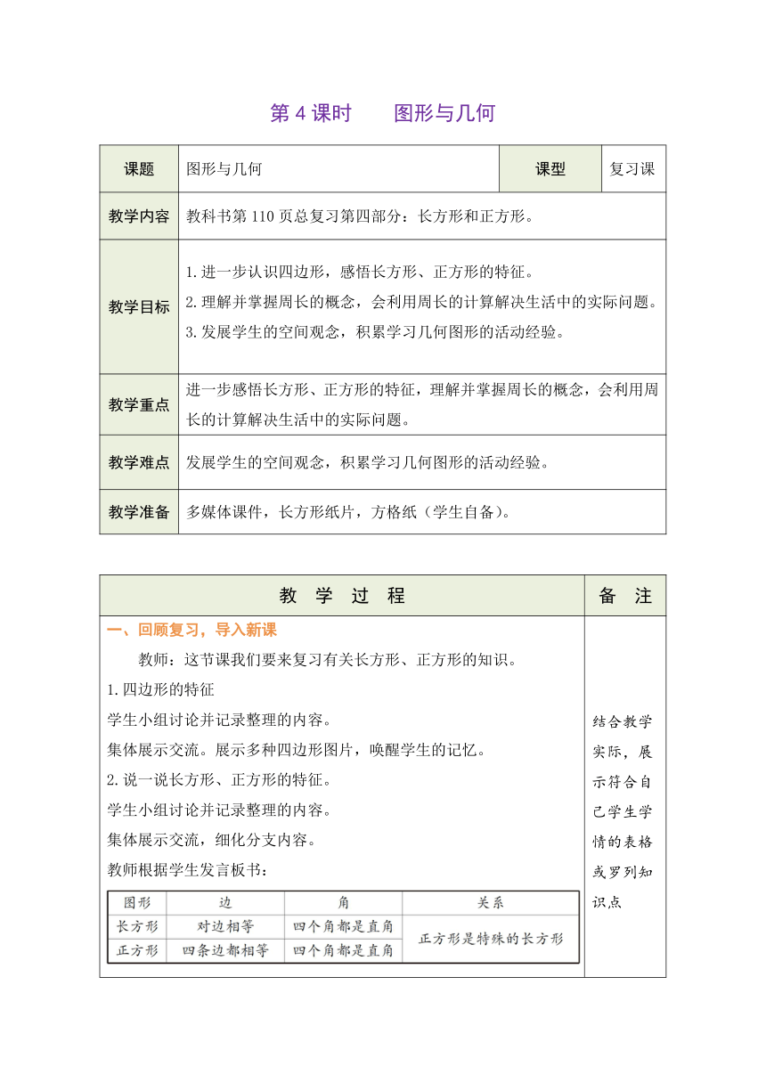 人教版数学三年级上册10.4 图形与几何 表格式教案