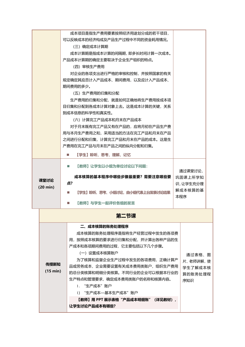 3.1成本核算的基本程序和账务处理程序 教案（表格式）《成本会计实务》（江苏大学出版社）