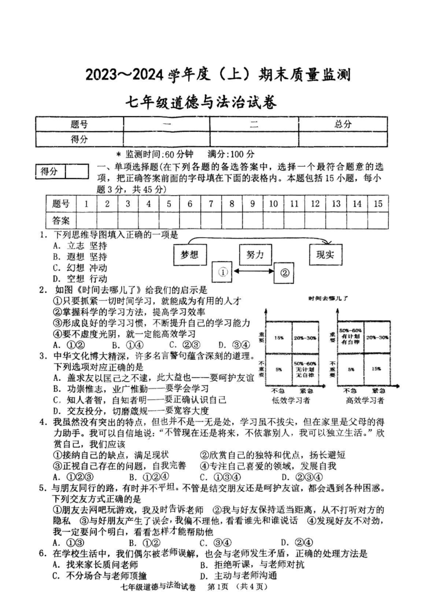 辽宁省铁岭市铁岭县2023-2024学年七年级上学期1月期末道德与法治试题（PDF版无答案）