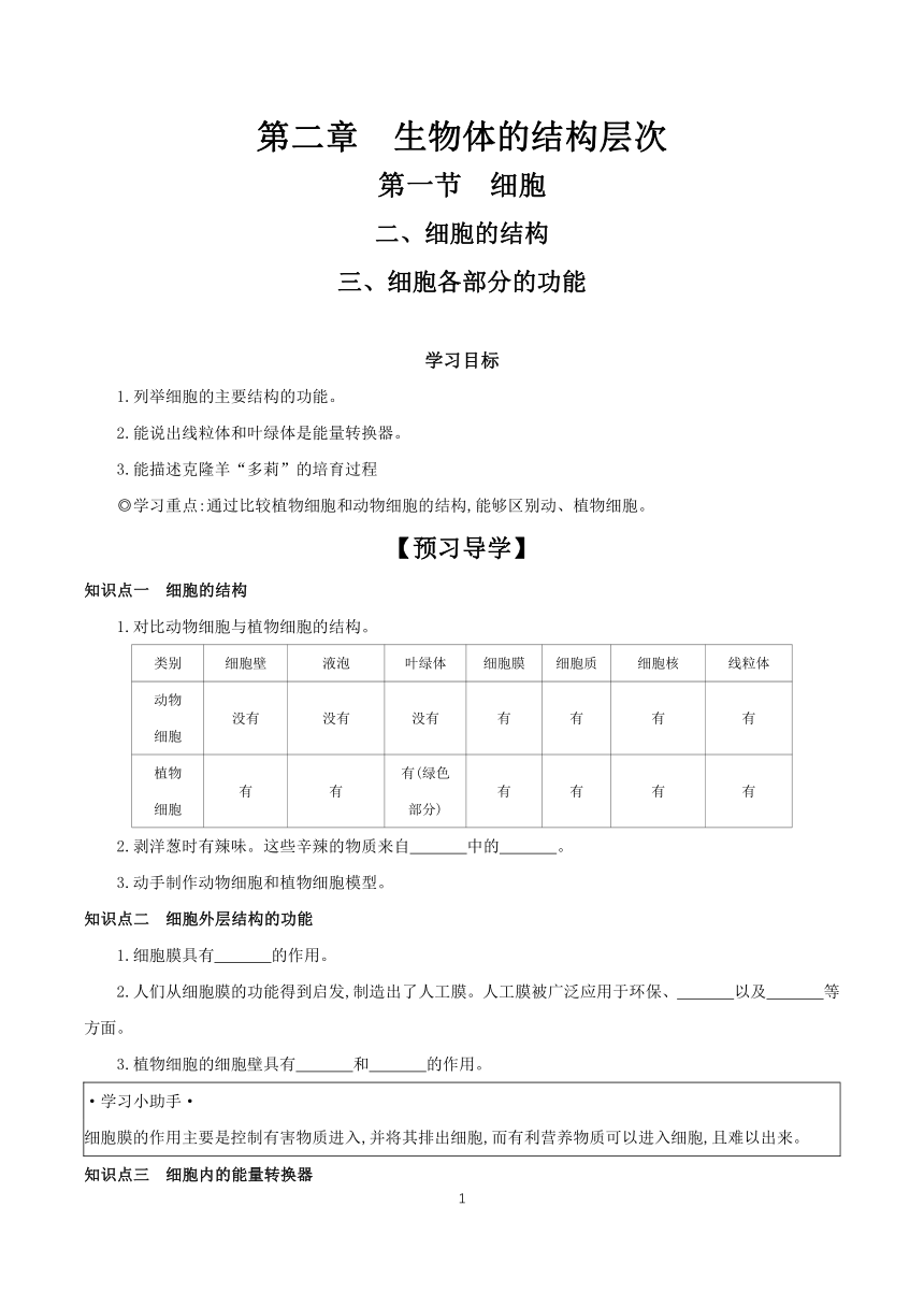 1.2.1 细胞（二、细胞的结构  三、细胞各部分的功能） 学案 （含答案）2023-2024学年生物冀少版七年级上册