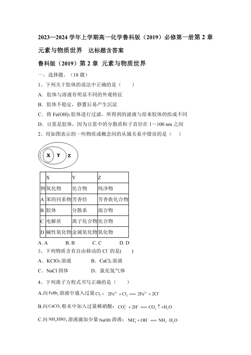 2023—2024学年上学期高一化学鲁科版（2019）必修第一册第2章 元素与物质世界  达标题（含答案）