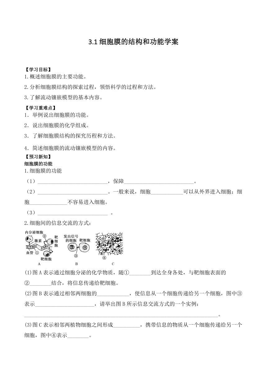 3.1细胞膜的结构和功能学案（含答案）