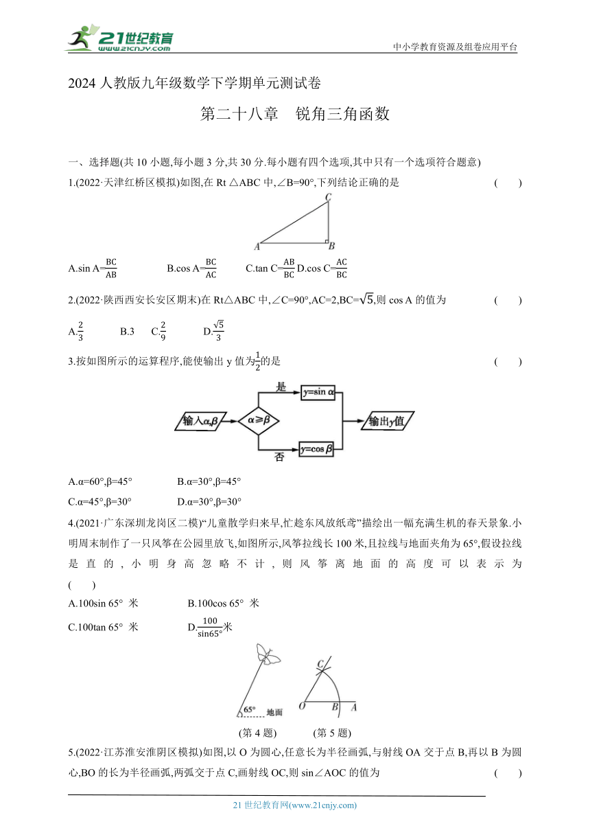 2024人教版九年级数学下学期单元测试卷--第二十八章锐角三角函数测试卷（含答案）